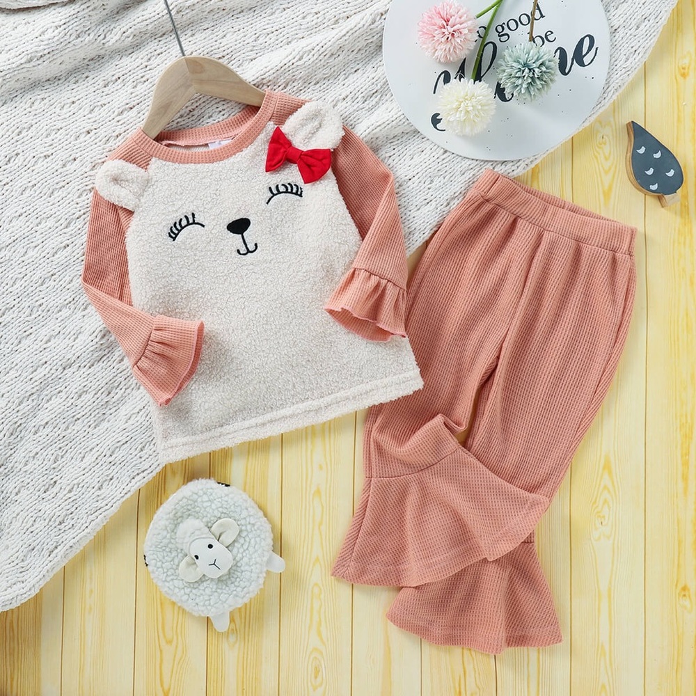 Girls Graphic Spliced Sherpa Top and Flare Pants Set